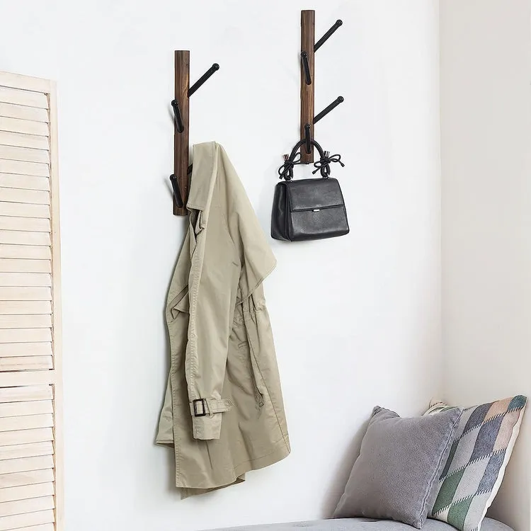 Set of 2, Wood and Black Metal Coat Rack, Vertical Wall Mounted Hat Hanging Coat Tree Hook Rack