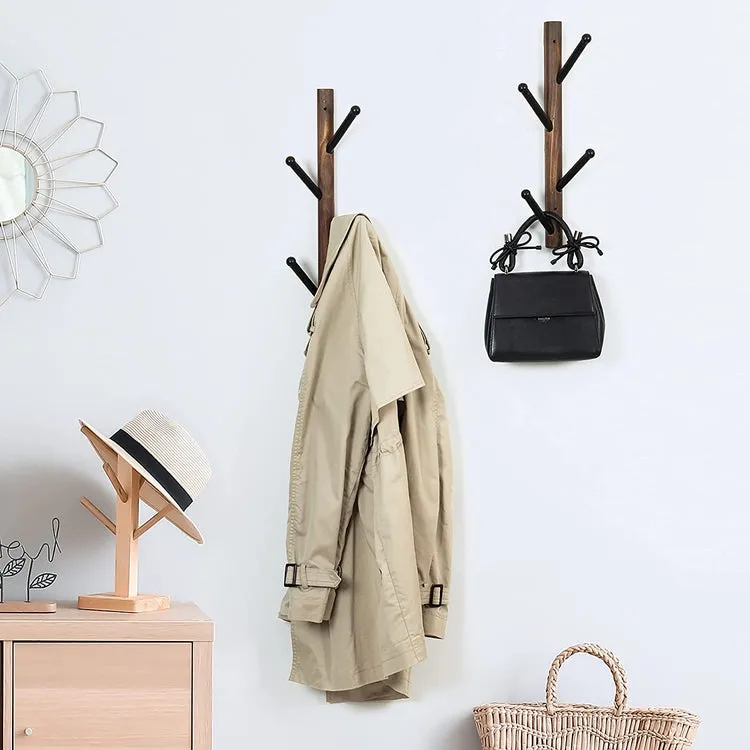 Set of 2, Wood and Black Metal Coat Rack, Vertical Wall Mounted Hat Hanging Coat Tree Hook Rack