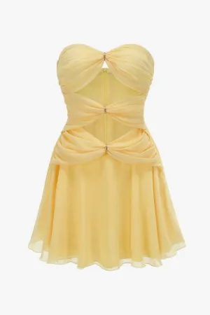 Sparkly Crystal Ring Strapless Ruched Cutout A Line Chiffon Party Mini Dress