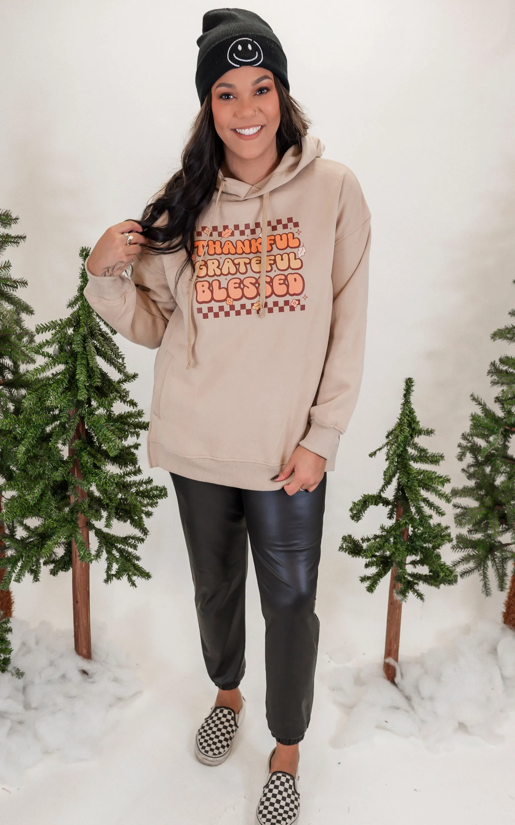 Thankful Grateful & Blessed Taupe Side Slit Hoodie - Final Sale