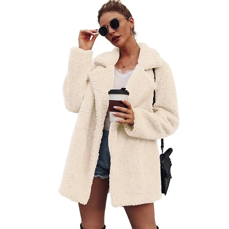 Winter Warm Teddy Faux Fur Coat Long Coat Loose Lapel OverCoat Plus Size Female Plush Coat Jacket