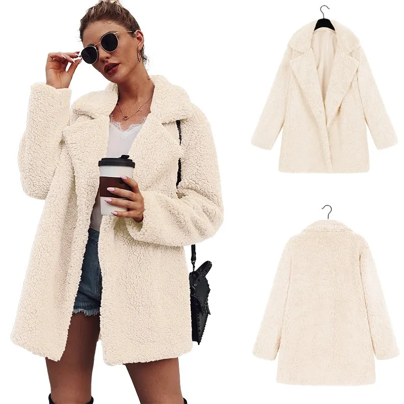 Winter Warm Teddy Faux Fur Coat Long Coat Loose Lapel OverCoat Plus Size Female Plush Coat Jacket