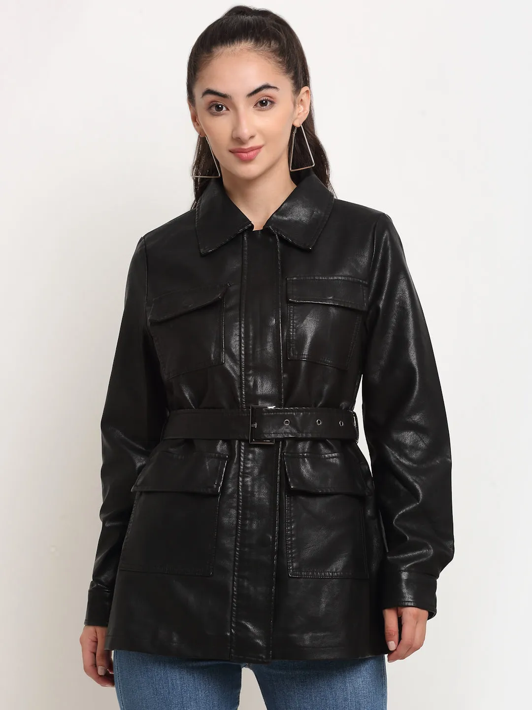 Women Black Solid Full Sleeve Collar Neck Jacket