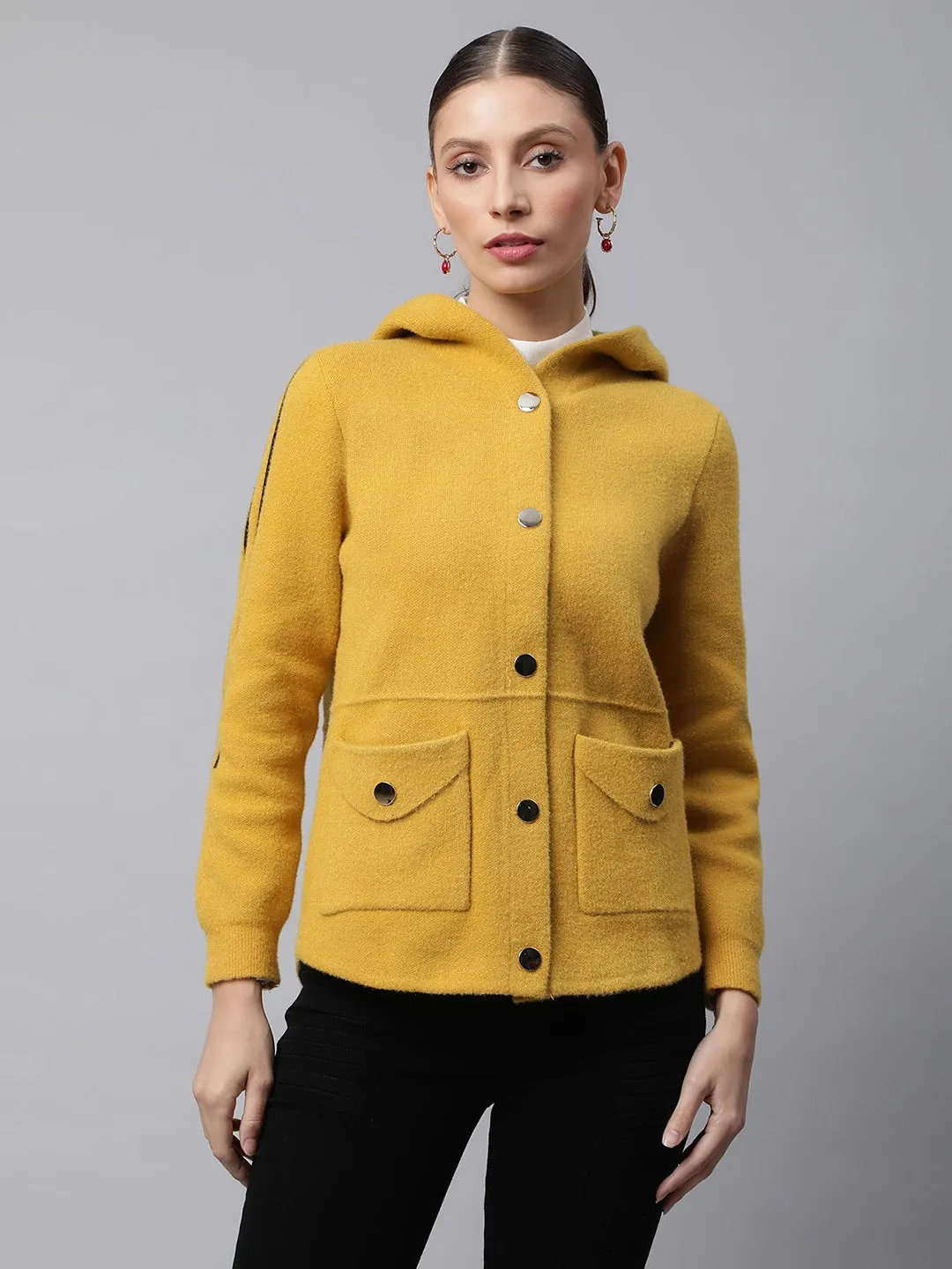 Women Mustard Regular Fit Printed Hooded Jacket