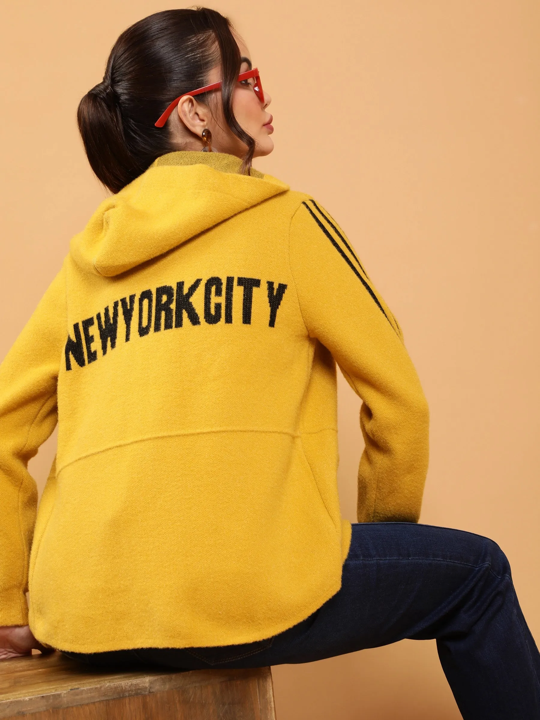 Women Mustard Regular Fit Printed Hooded Jacket