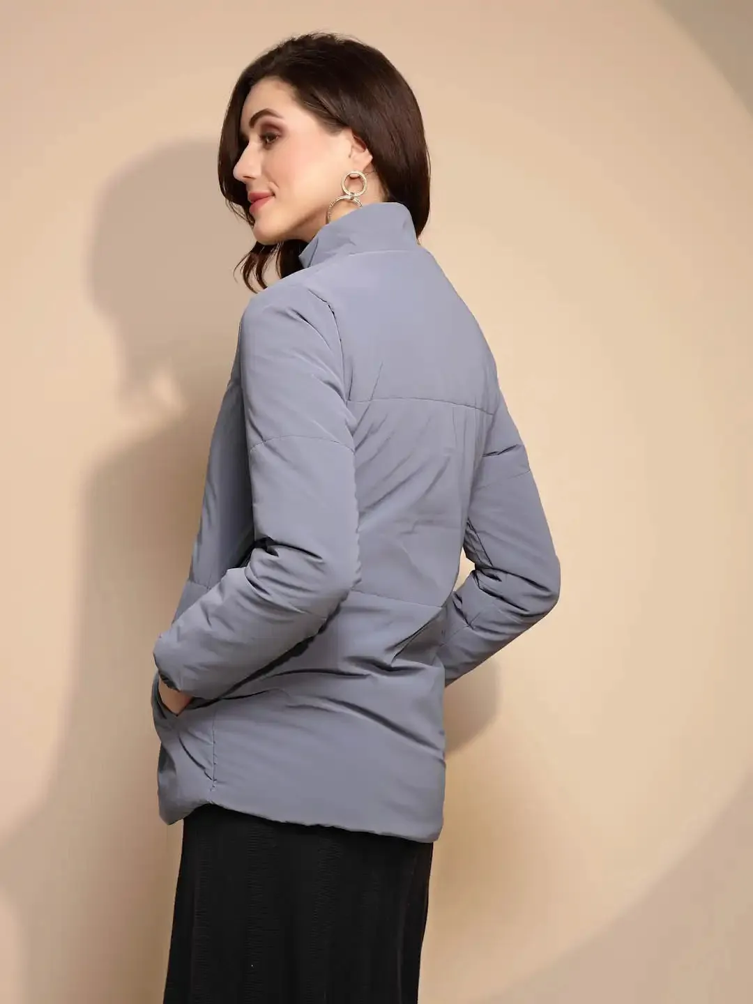 Women's Solid Turtle Neck Blue Jacket