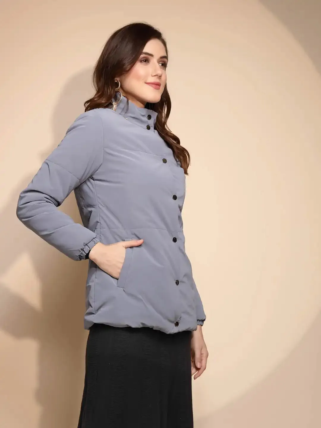 Women's Solid Turtle Neck Blue Jacket