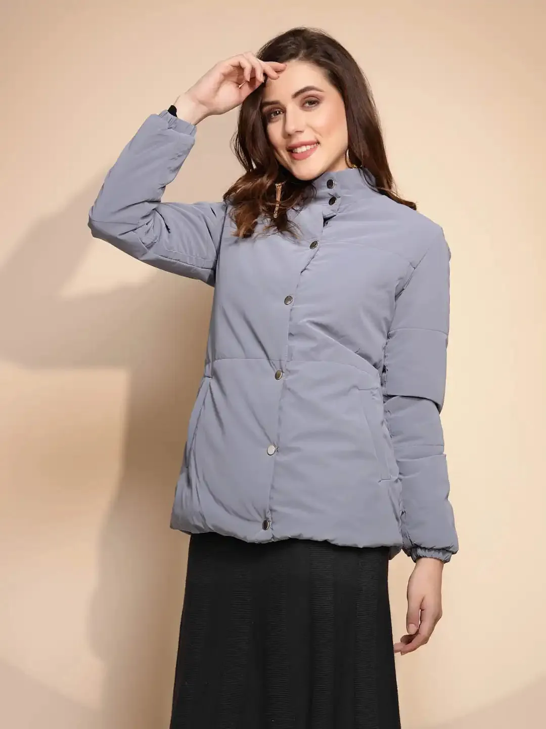 Women's Solid Turtle Neck Blue Jacket